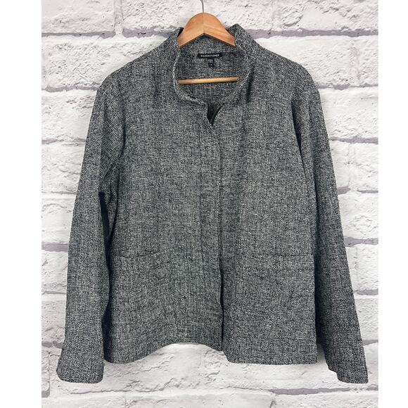 EILEEN FISHER Women's L Black White Organic Cotton Tweed Stand Collar Zip Jacket - Picture 13 of 13